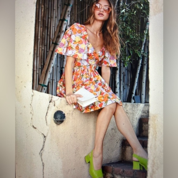 Fame and Partners Aidan Puff Sleeve Mini Dress Tropical Lilac Fruit Print Size 2 - Picture 9 of 11